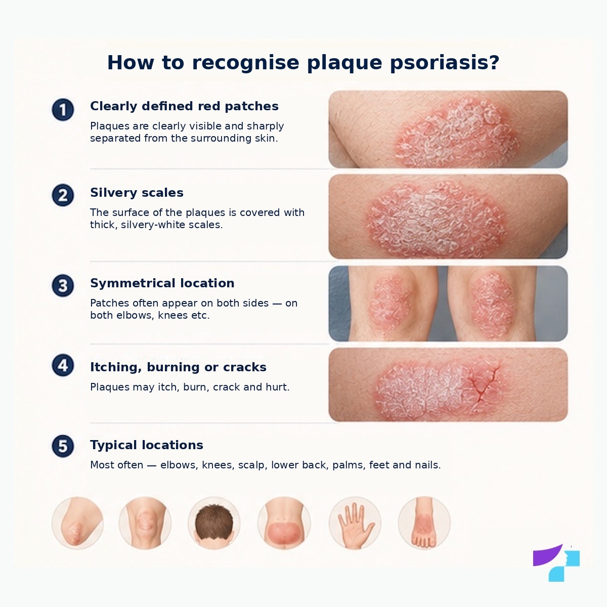 How to recognise plaque psoriasis How to recognise plaque psoriasis: clearly defined red patches, dry silvery scales, itching, cracking and typical locations