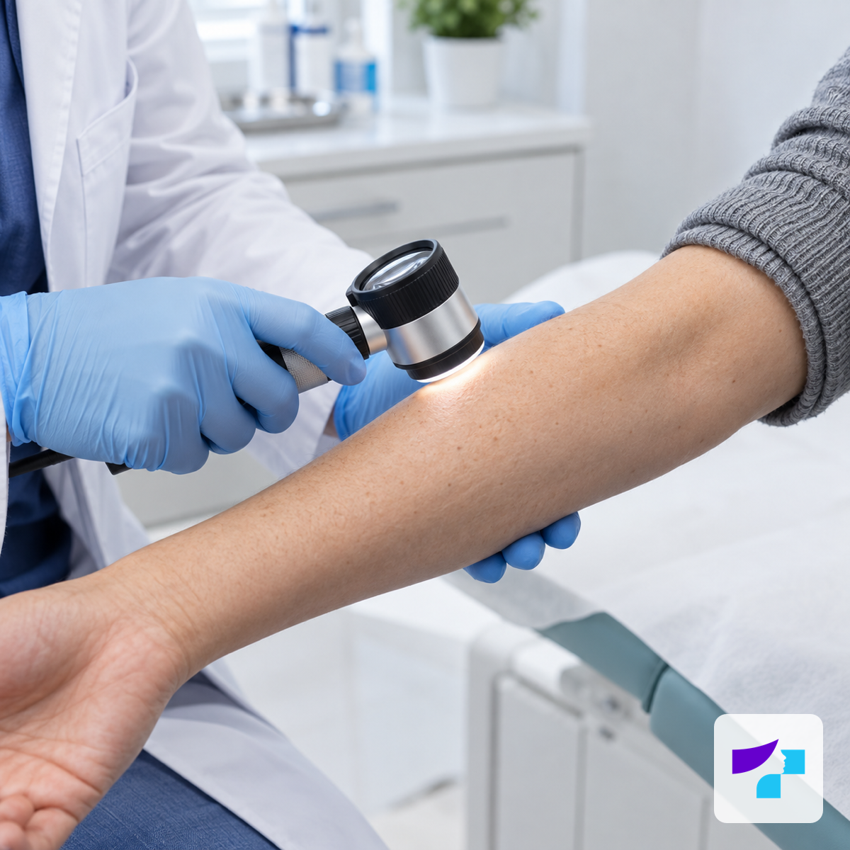 Dermatologist Examination for Impetigo A dermatologist examines skin lesions on a patient’s forearm