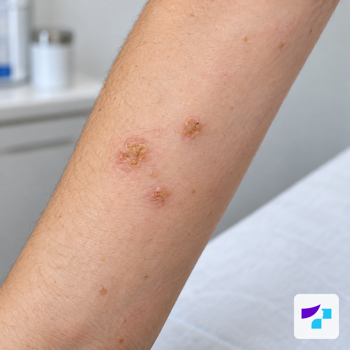 Signs of Impetigo on the Skin Illustration of impetigo: honey-coloured crusts and superficial skin lesions on the forearm