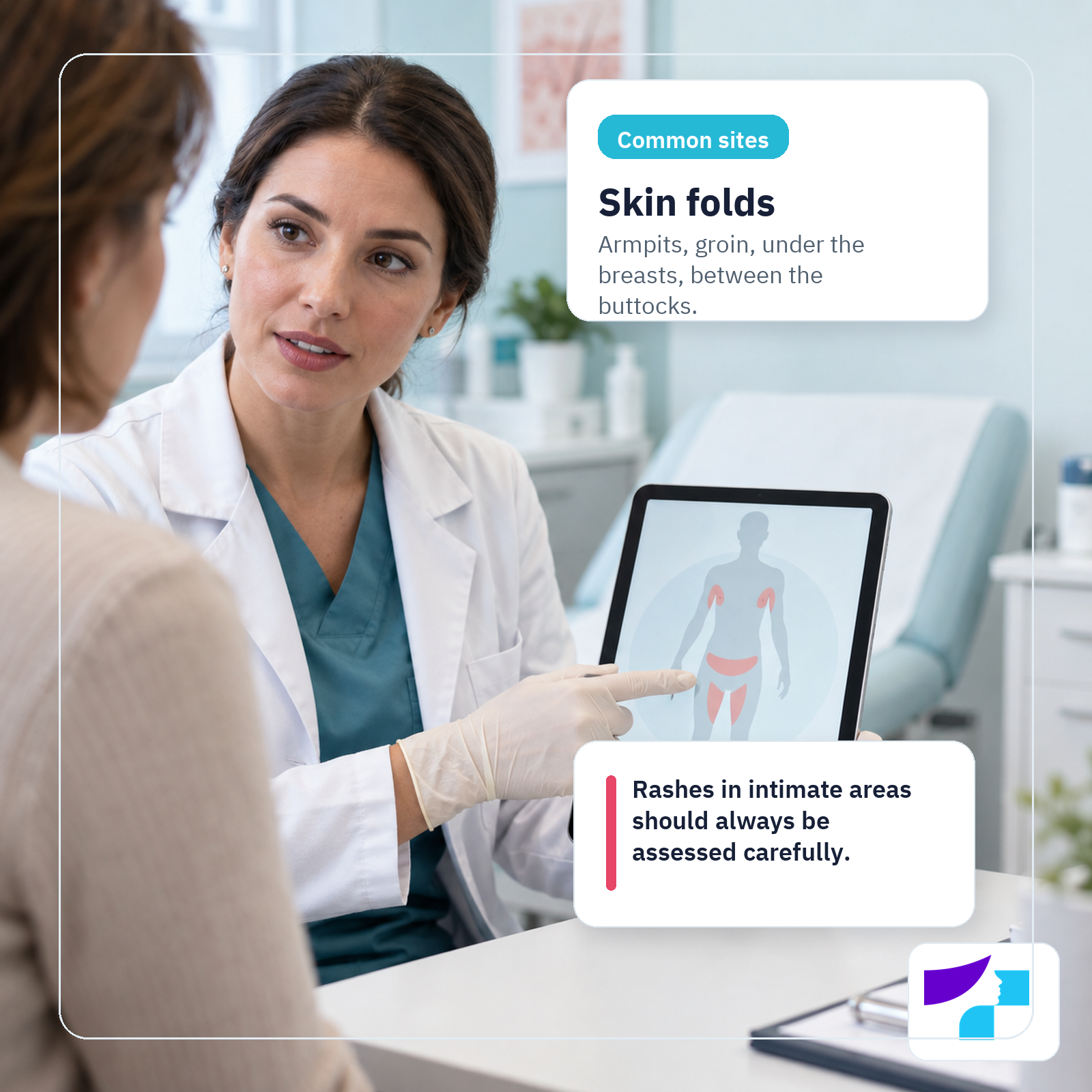 Inverse psoriasis: common sites include the armpits, groin, under the breasts and between the buttocks