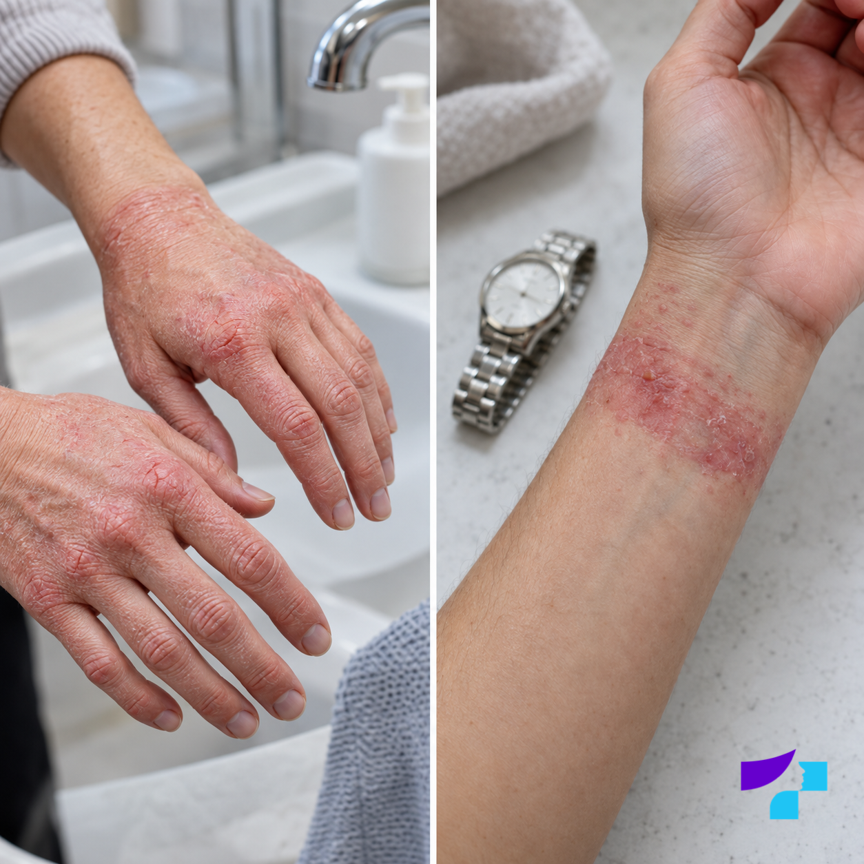 Irritant contact dermatitis on the hands and allergic contact dermatitis at the site of watch contact on the wrist