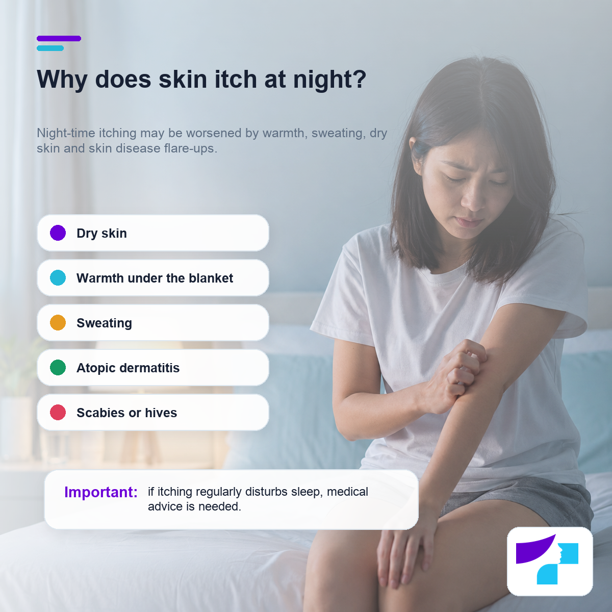 Why skin itches at night: dry skin, warmth, sweating, atopic dermatitis, scabies or hives