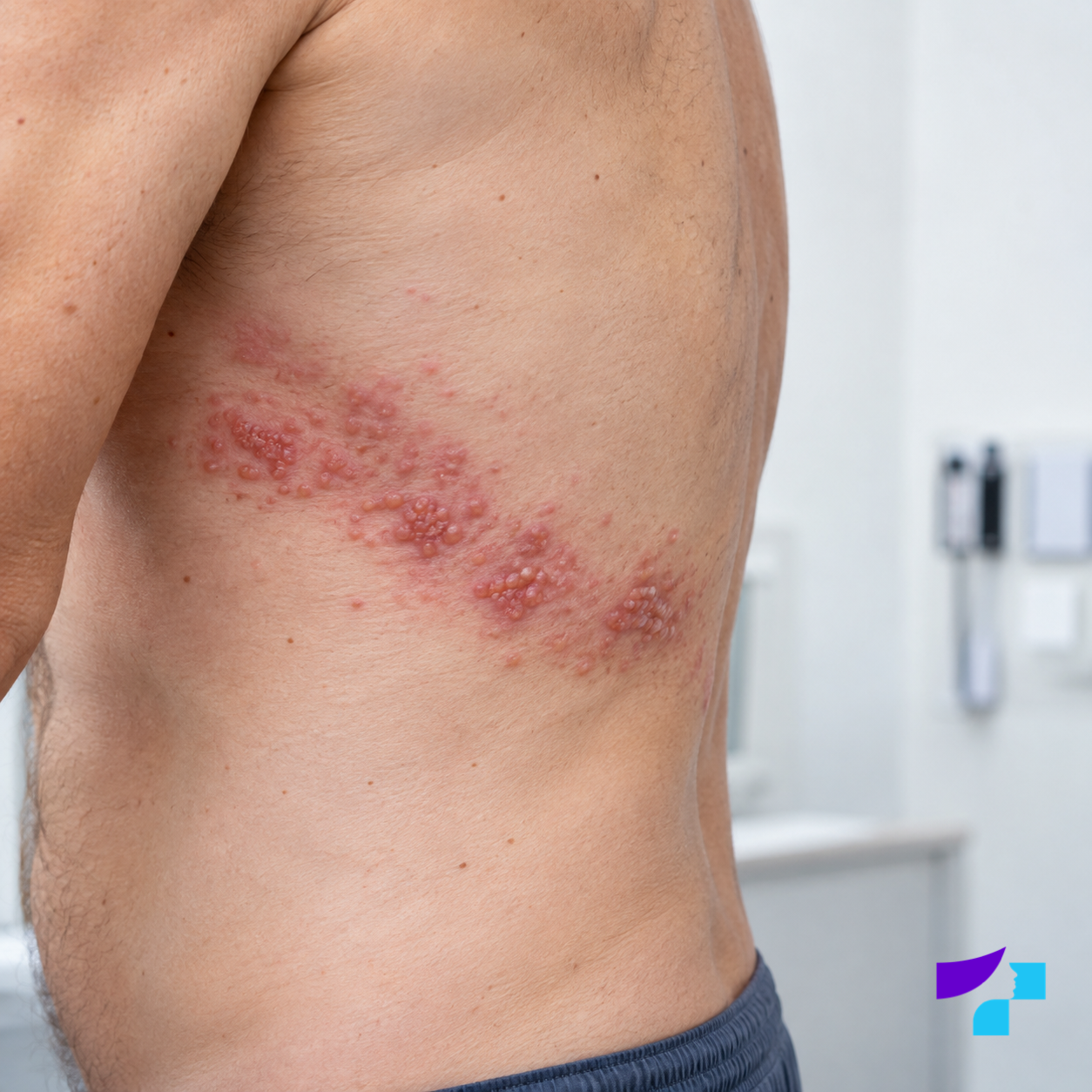 Illustrative visualisation: grouped blisters on red skin in a band-like pattern along the side of the body