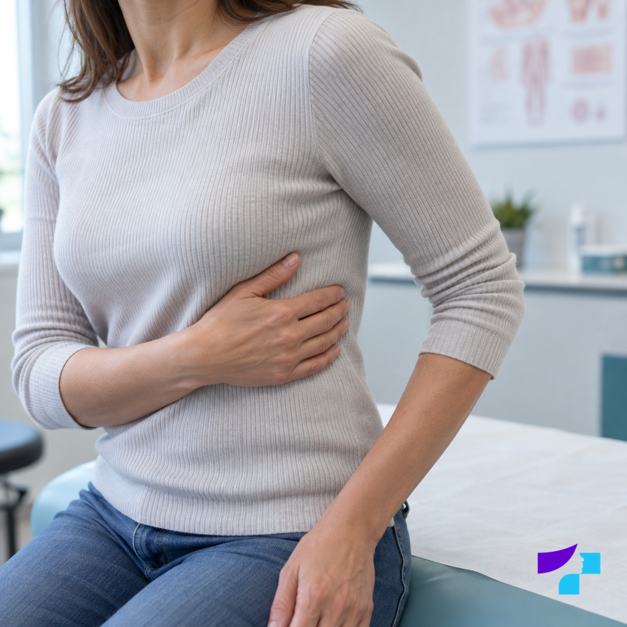 Illustrative visualisation: a woman holds her side to indicate the location of pain
