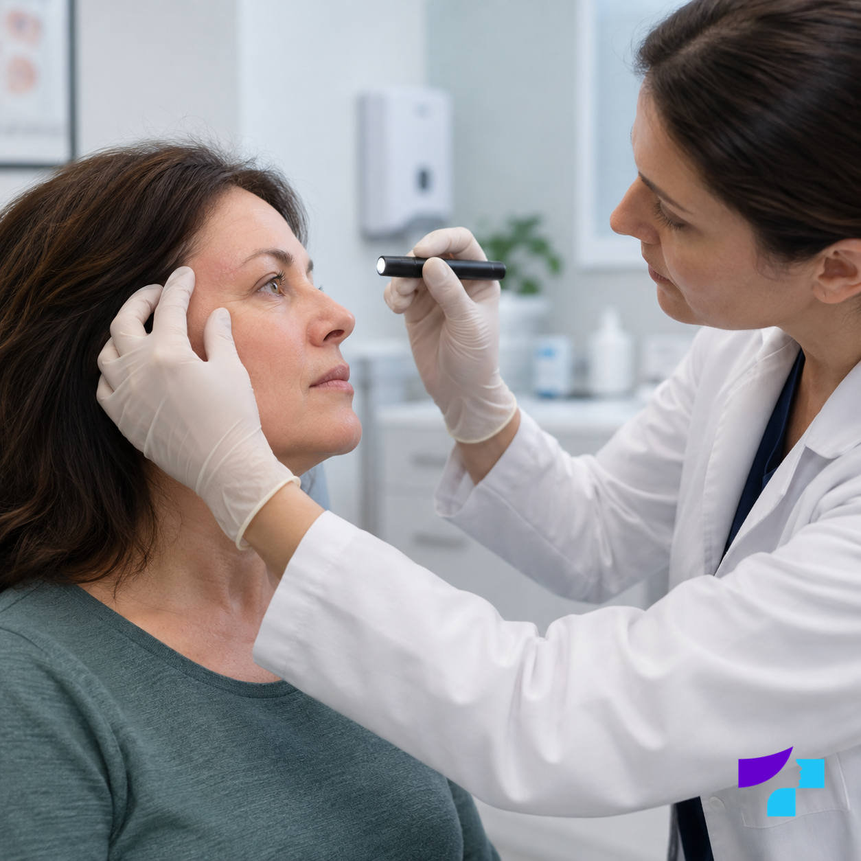 Illustrative visualisation: a doctor uses a light to examine a patient's eye area