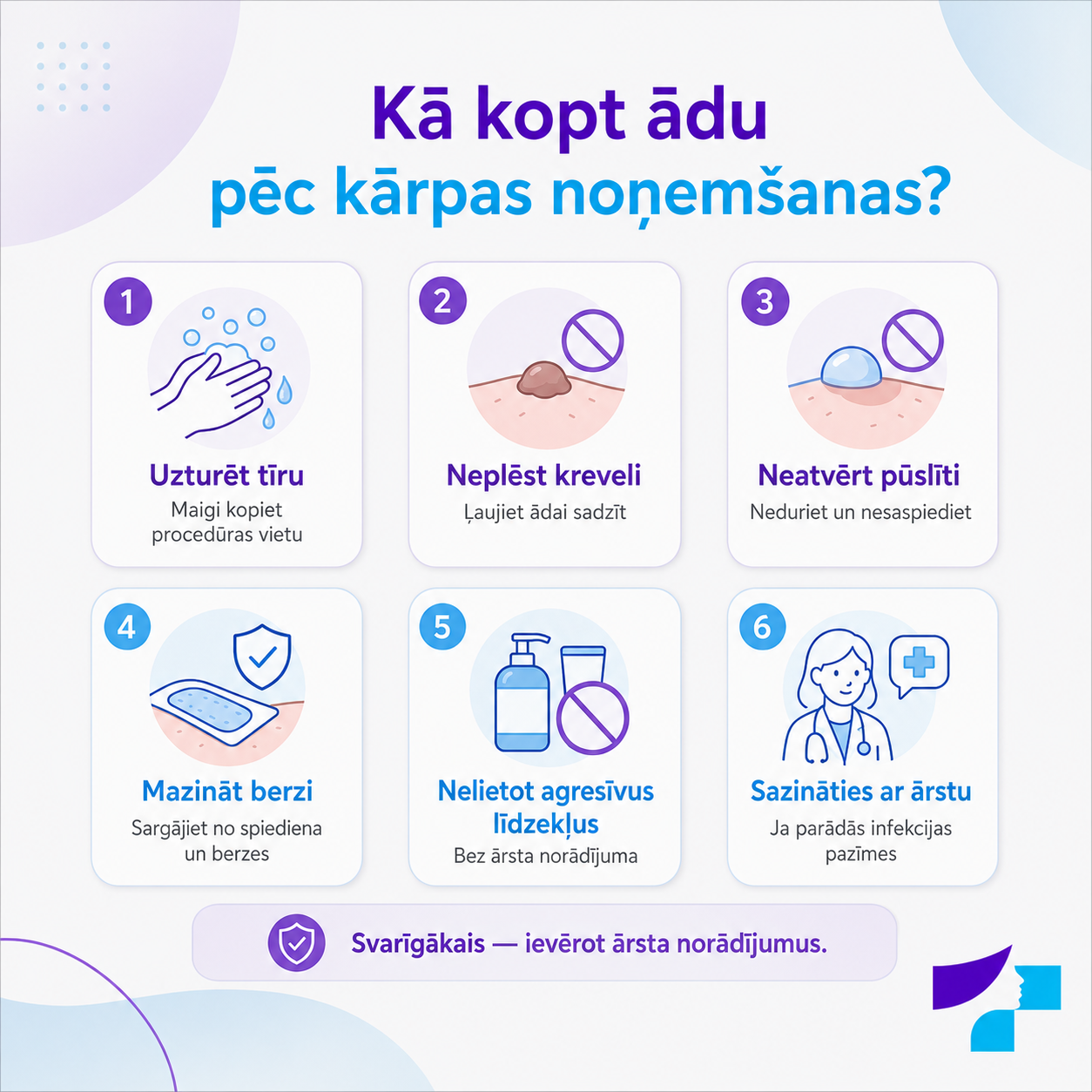 Kā kopt ādu pēc kārpas noņemšanas: uzturēt tīru, neplēst kreveli, neatvērt pūslīti, mazināt berzi un ievērot ārsta norādījumus