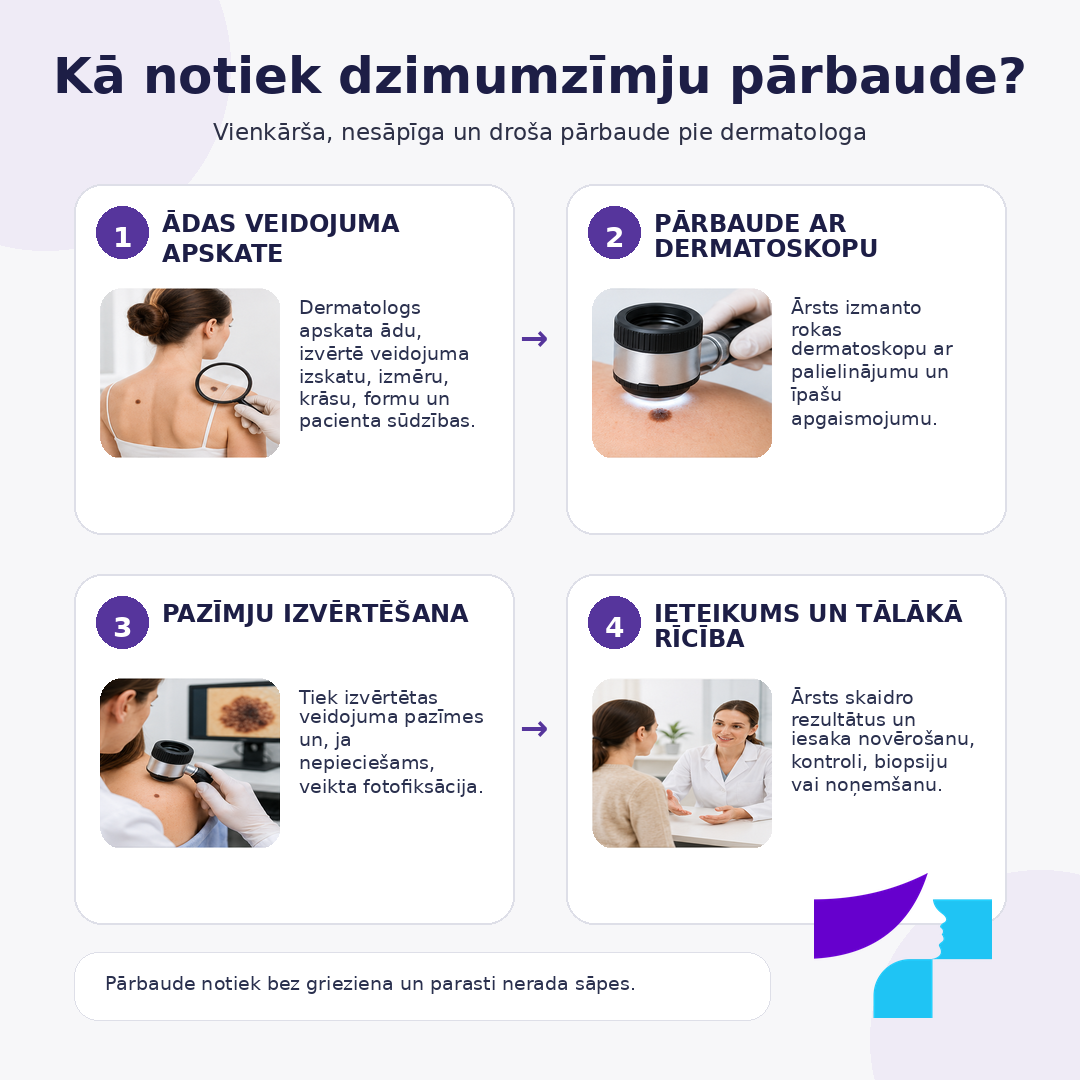 Kā notiek dzimumzīmju pārbaude Kā notiek dzimumzīmju pārbaude: ādas veidojuma apskate, pārbaude ar dermatoskopu, pazīmju izvērtēšana, ārsta ieteikums un tālākā rīcība