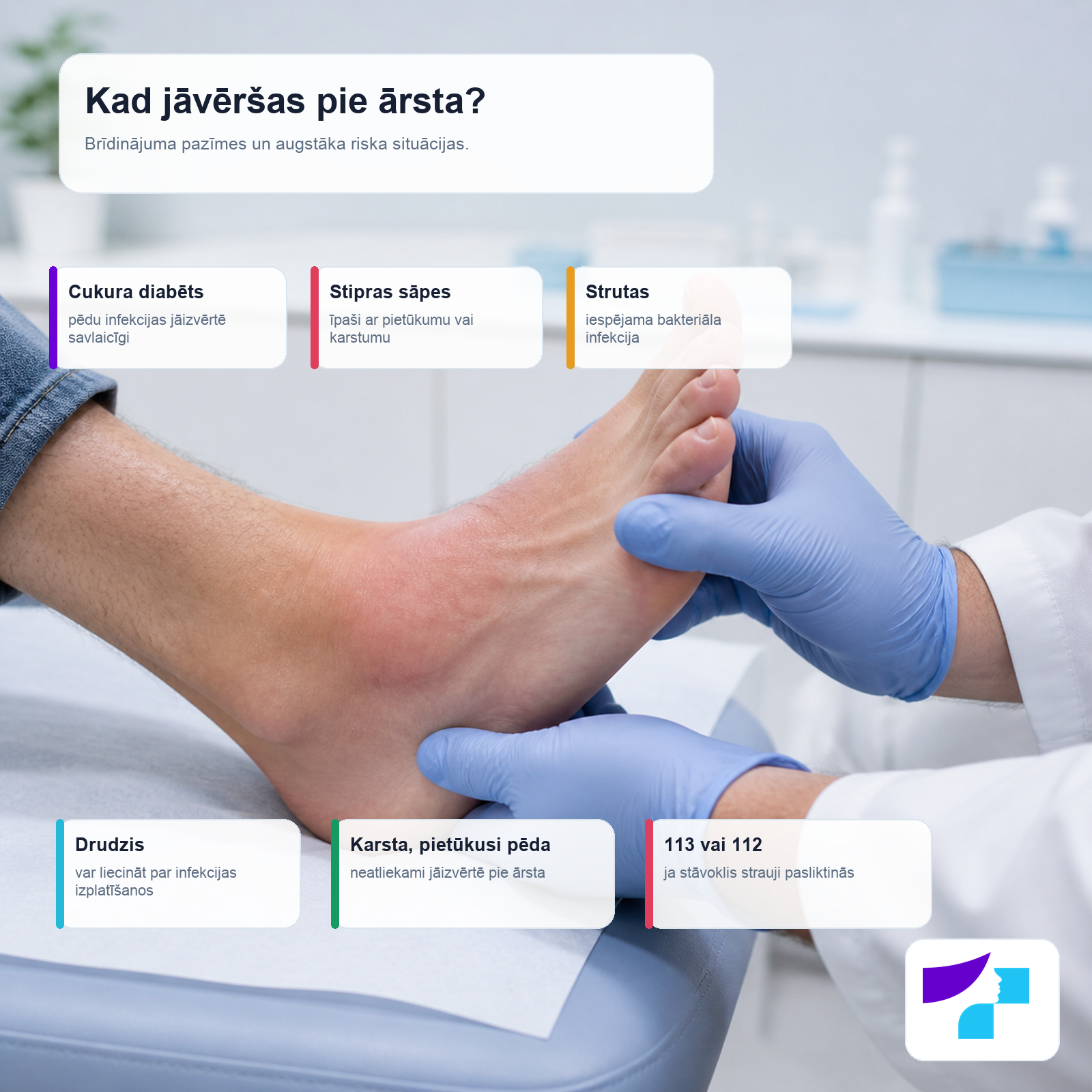 Pazīmes, kad ar atlēta pēdu jāvēršas pie ārsta: cukura diabēts, stipras sāpes, strutas, drudzis, karsta un pietūkusi pēda