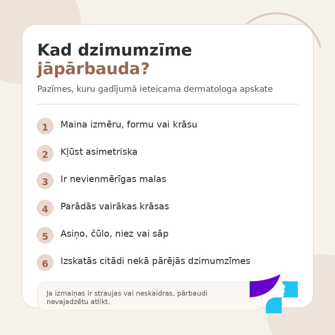 Kad dzimumzīme jāpārbauda Kad dzimumzīme jāpārbauda: maina izmēru, formu vai krāsu, kļūst asimetriska, ir nevienmērīgas malas, parādās vairākas krāsas, asiņo, čūlo, niez vai sāp