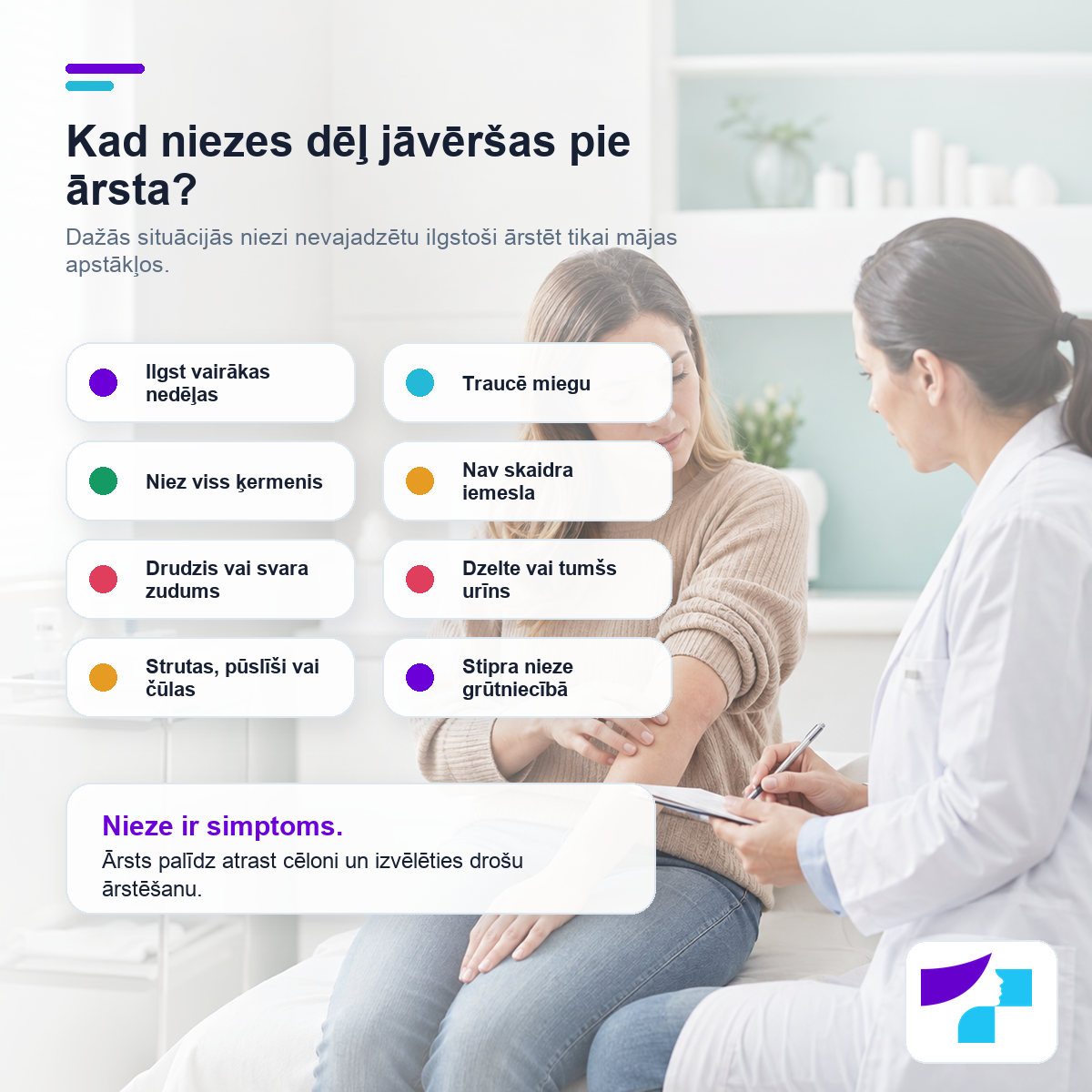 Kad niezes dēļ jāvēršas pie ārsta Kad niezes dēļ jāvēršas pie ārsta: ilgstoša nieze, miega traucējumi, visa ķermeņa nieze, drudzis, dzelte vai stipra nieze grūtniecībā