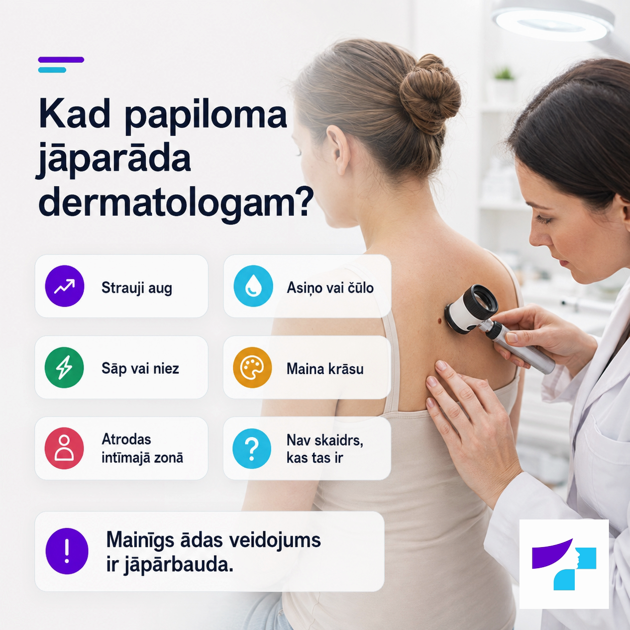 Kad papiloma jāparāda dermatologam Kad papiloma jāparāda dermatologam: ja tā strauji aug, asiņo, čūlo, sāp, niez, maina krāsu vai atrodas intīmajā zonā