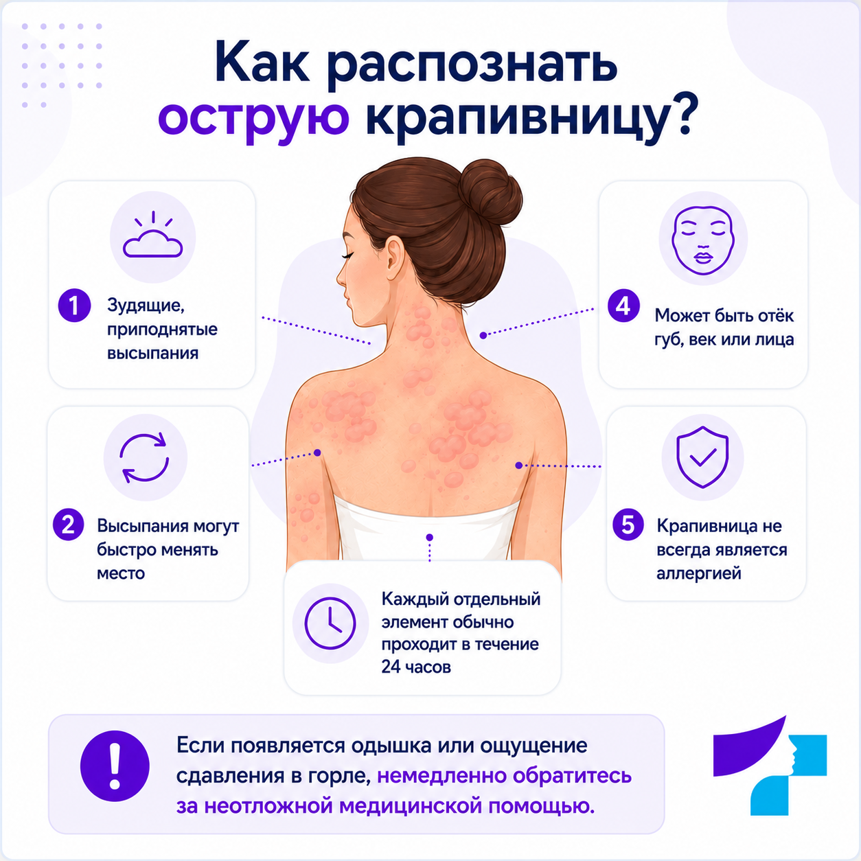 Как распознать острую крапивницу: зудящие приподнятые высыпания, быстрое изменение расположения, отёк губ, век или лица и исчезновение отдельного элемента в течение 24 часов