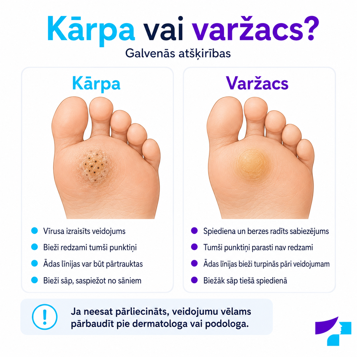 Kārpa vai varžacs Kārpa vai varžacs: galvenās atšķirības, tumšie punktiņi, ādas līniju zīmējums un sāpju raksturs