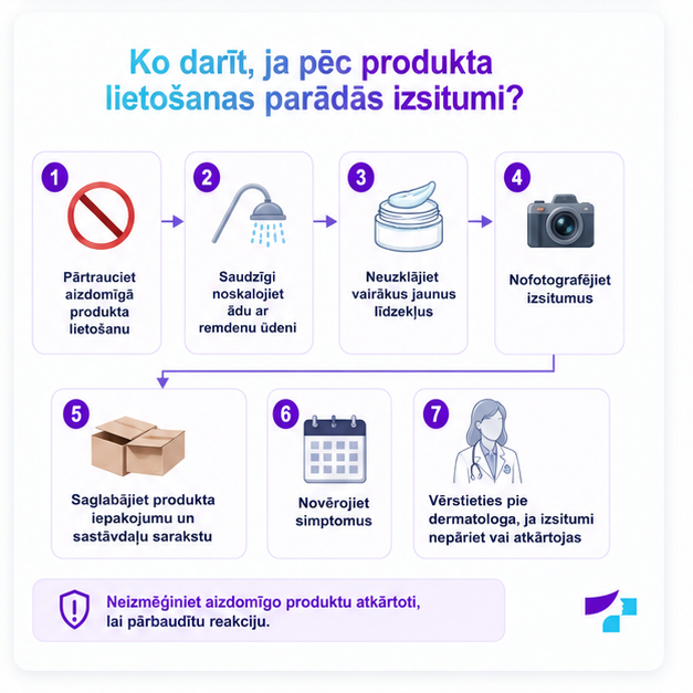 Rīcība kontakta izsitumu gadījumā: pārtraukt produkta lietošanu, noskalot ādu, fotografēt izsitumus un saglabāt iepakojumu