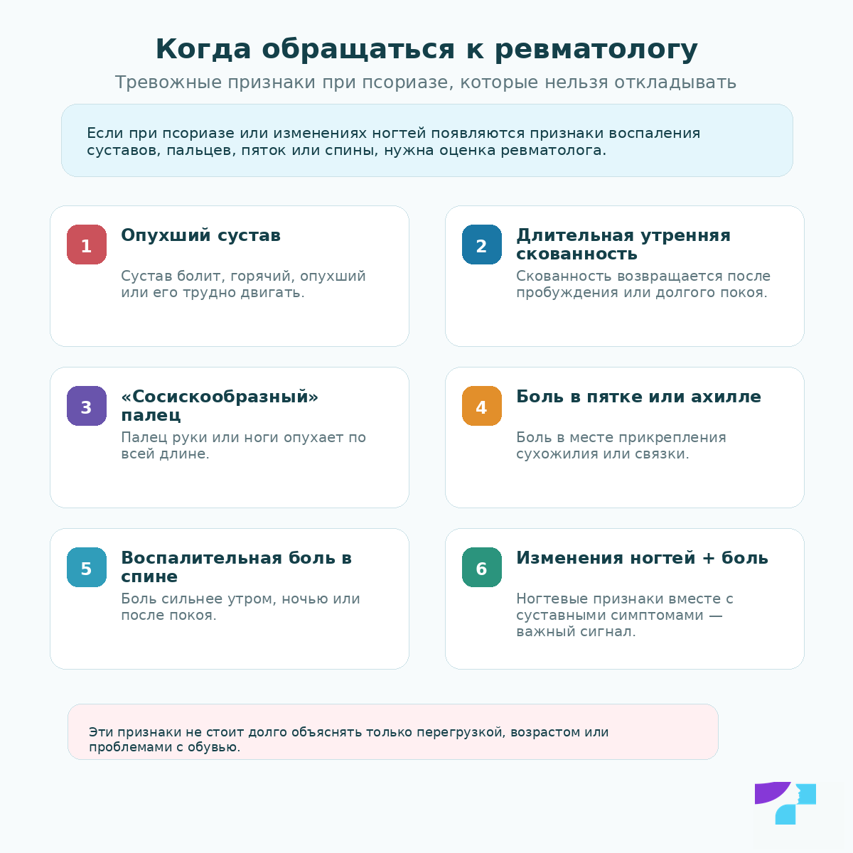 Когда обращаться к ревматологу при псориазе: опухший сустав, длительная утренняя скованность, сосискообразный палец, боль в пятке или ахилловом сухожилии, воспалительная боль в спине и изменения ногтей с болью