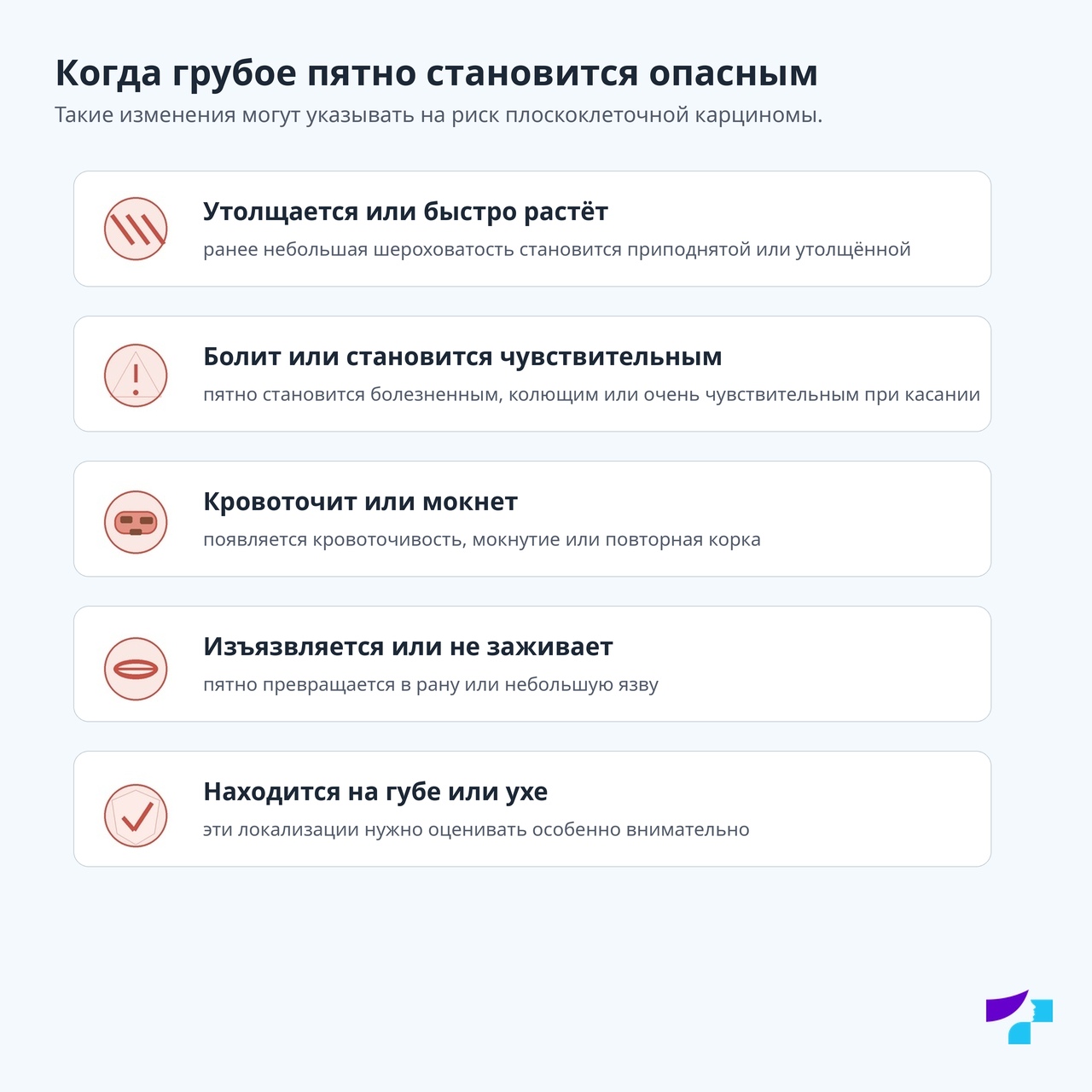 Когда грубое пятно становится опасным Опасные признаки грубого пятна: утолщается или быстро растёт, болит или становится чувствительным, кровоточит или мокнет, изъязвляется или не заживает, находится на губе или ухе