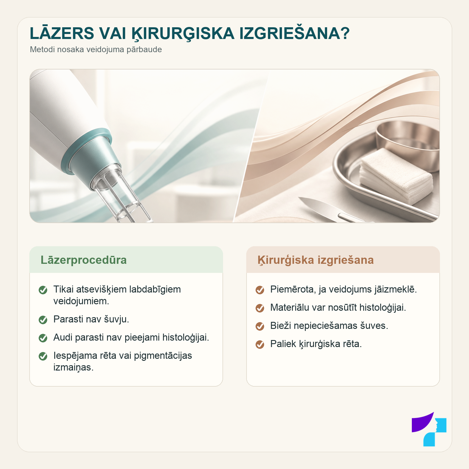 Lāzera un ķirurģiskas dzimumzīmes noņemšanas salīdzinājums