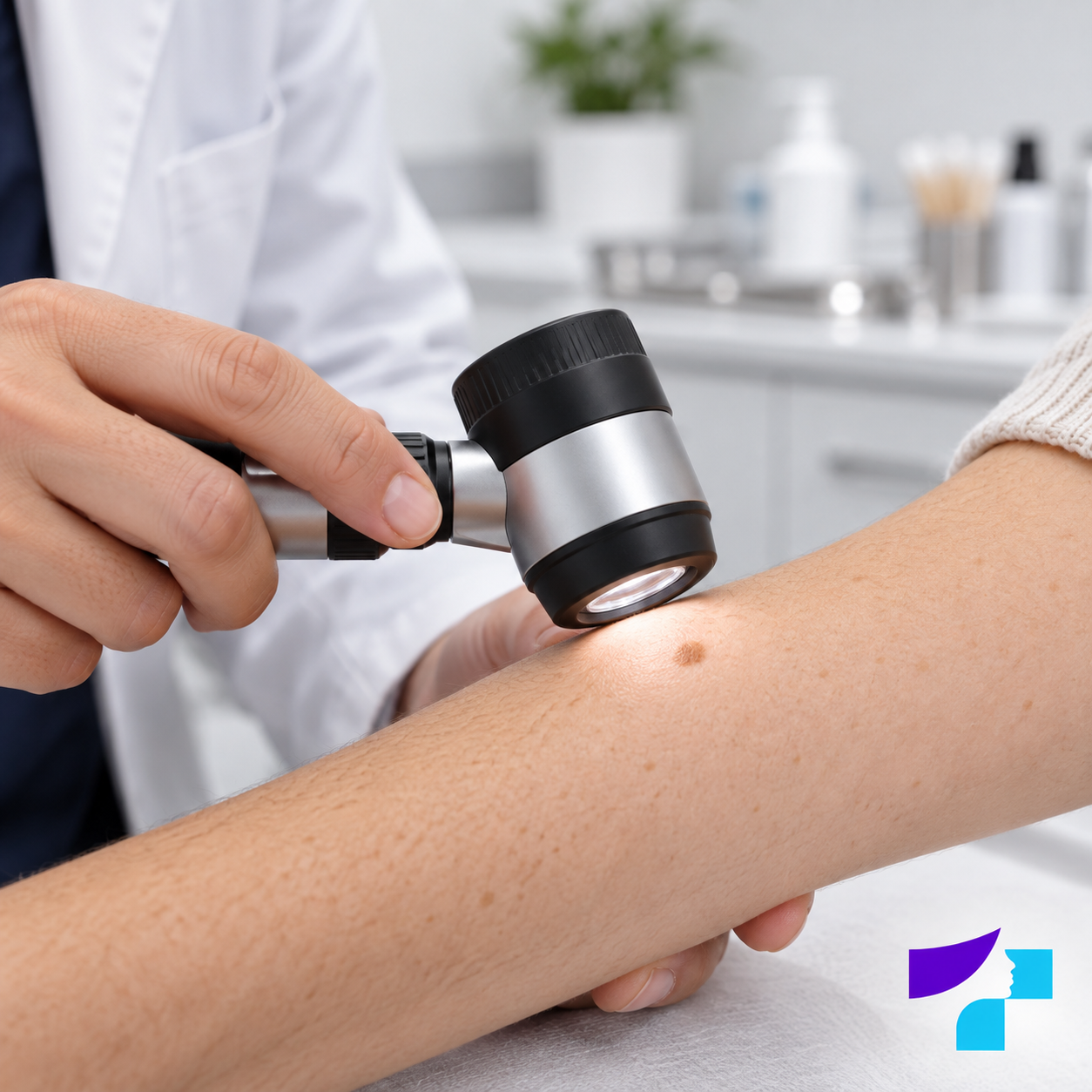 Dermatoskopija pigmentplankuma pārbaudei Dermatologs ar dermatoskopu pārbauda pigmentētu ādas plankumu