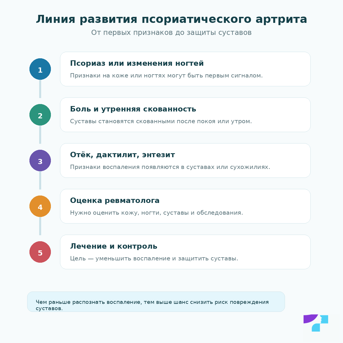 Линия развития псориатического артрита: псориаз или изменения ногтей, боль и утренняя скованность, отёк, дактилит, энтезит, оценка ревматолога, лечение и контроль