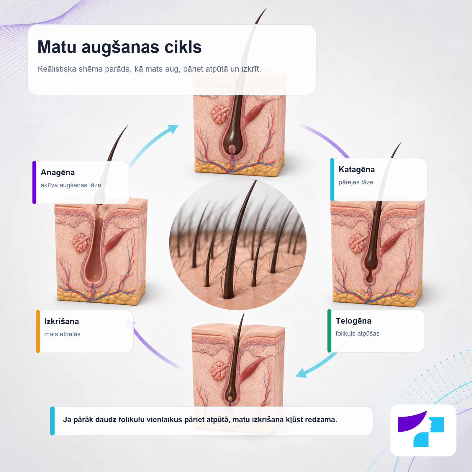 Matu augšanas cikls Matu augšanas cikls: anagēna, katagēna, telogēna un izkrišanas fāze