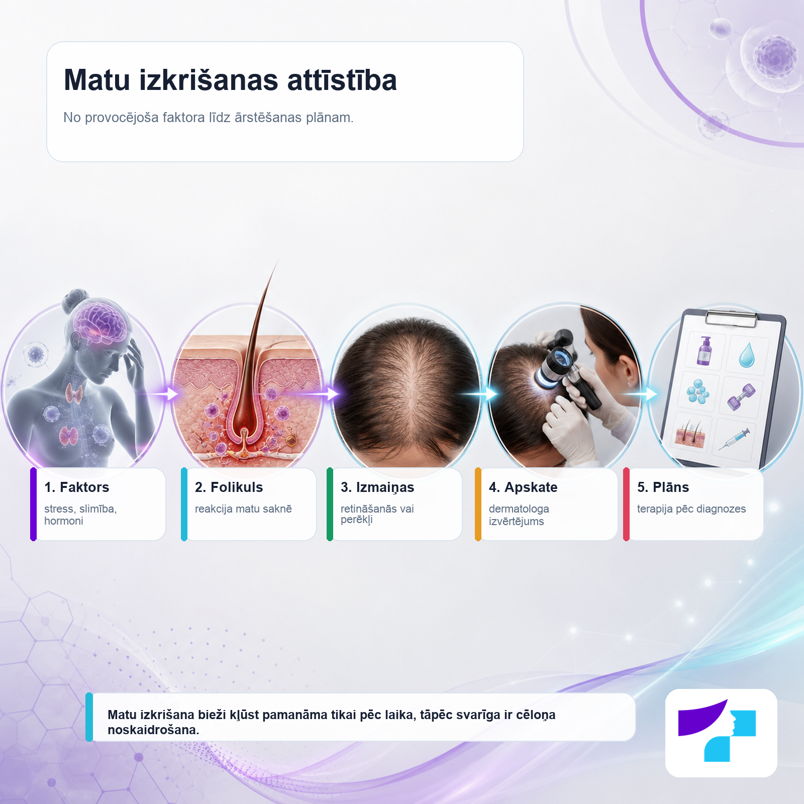 Matu izkrišanas attīstības timeline Matu izkrišanas attīstības timeline no provocējoša faktora līdz diagnostikai un ārstēšanas plānam