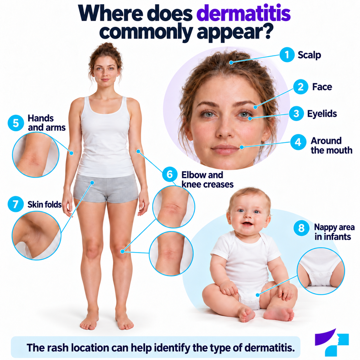 Body map showing common areas affected by dermatitis