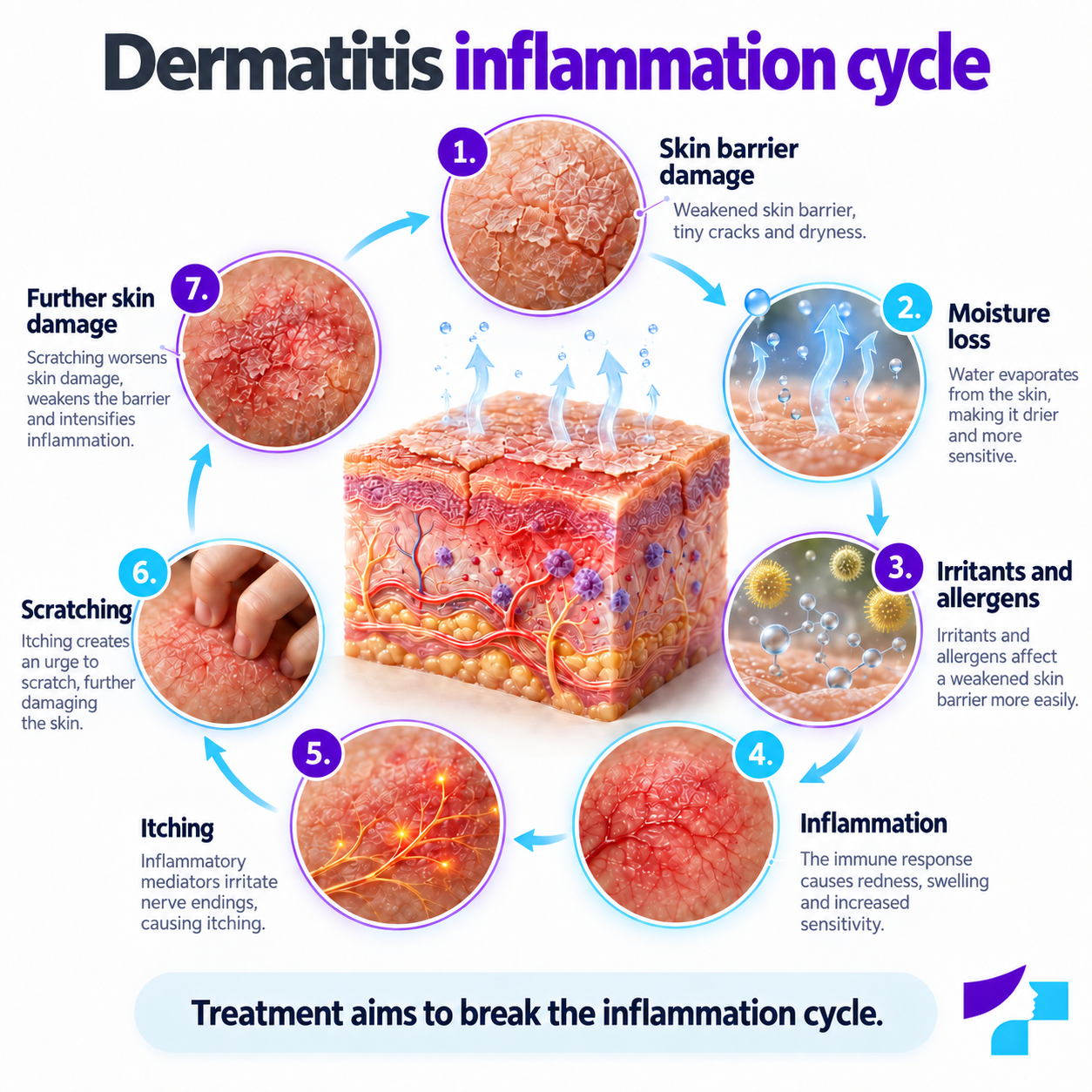 Diagram of the dermatitis inflammation cycle, showing skin barrier damage, moisture loss, inflammation, itching and scratching