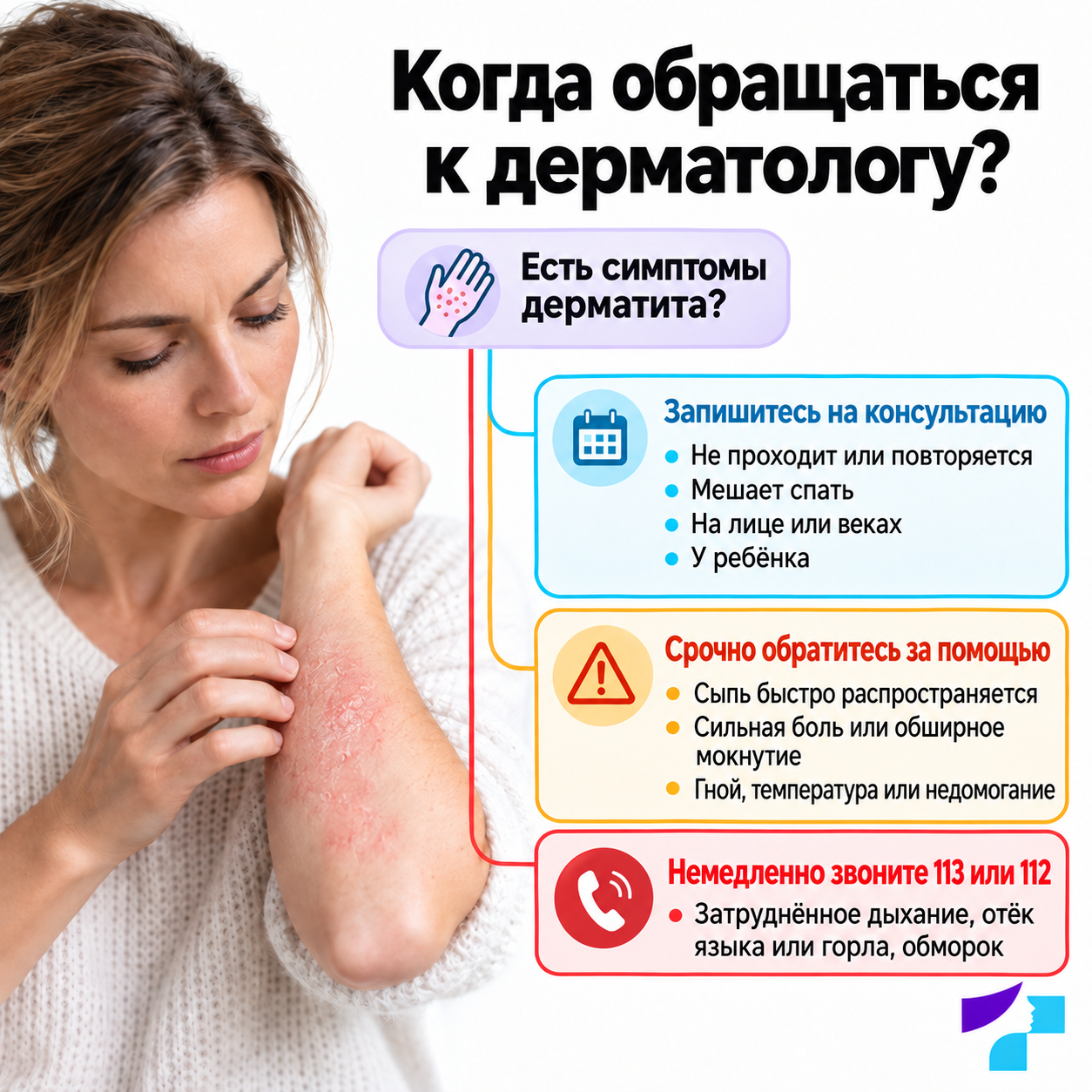 Когда обращаться к дерматологу? Схема, когда при дерматите обращаться к дерматологу и когда требуется срочная помощь