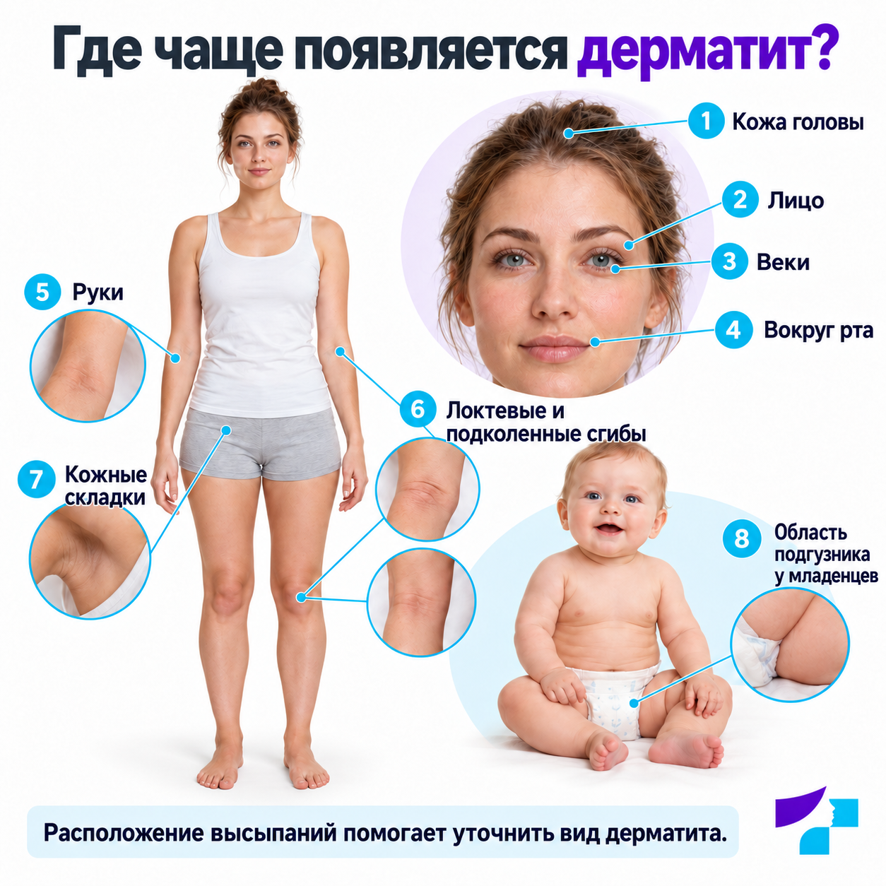 Где чаще появляется дерматит? Карта участков тела, на которых чаще появляется дерматит