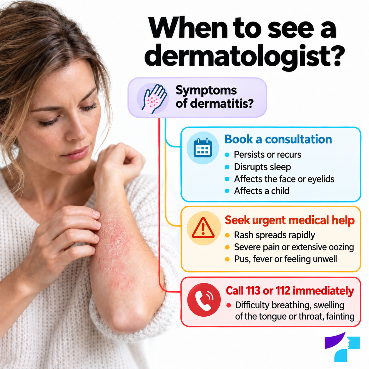 Decision tree showing when to see a dermatologist and when to seek urgent medical help