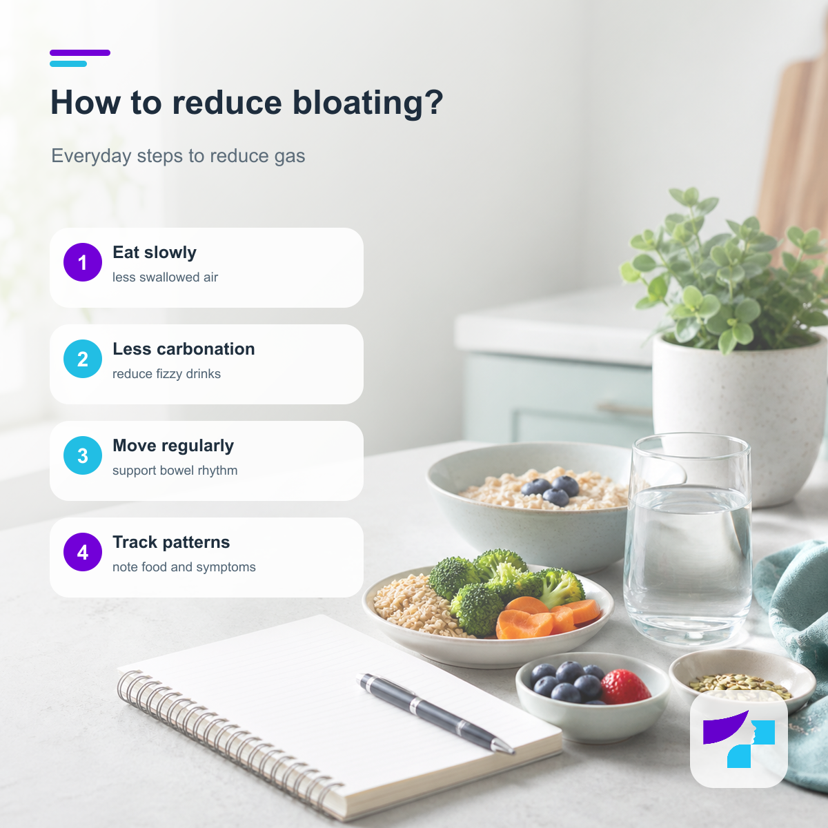 How to reduce abdominal bloating: eat slowly, reduce carbonated drinks, move regularly and track links between food and symptoms