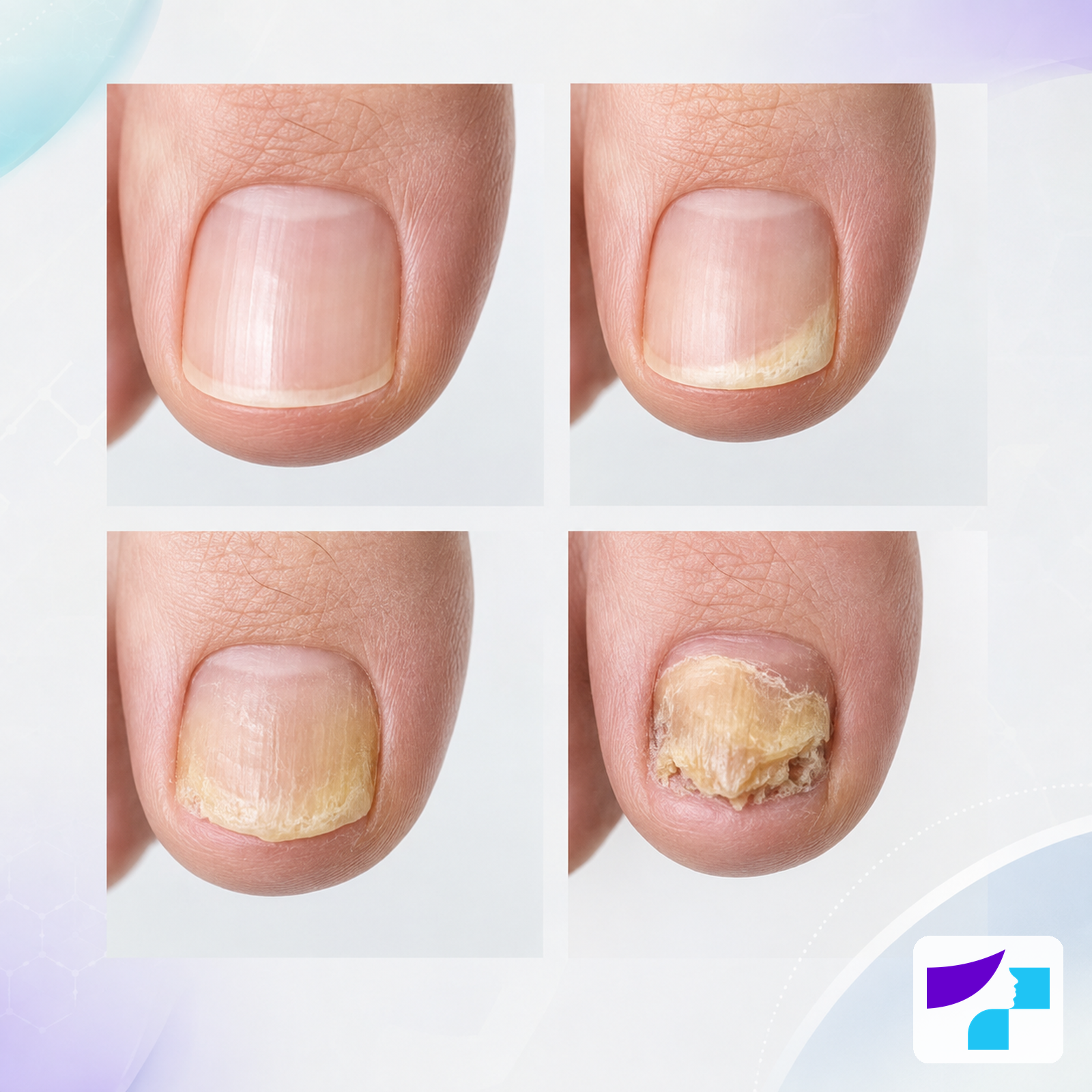 Stages of nail fungus progression Stages of nail fungus progression: healthy nail, early-stage change, thickening, and progressive onychomycosis