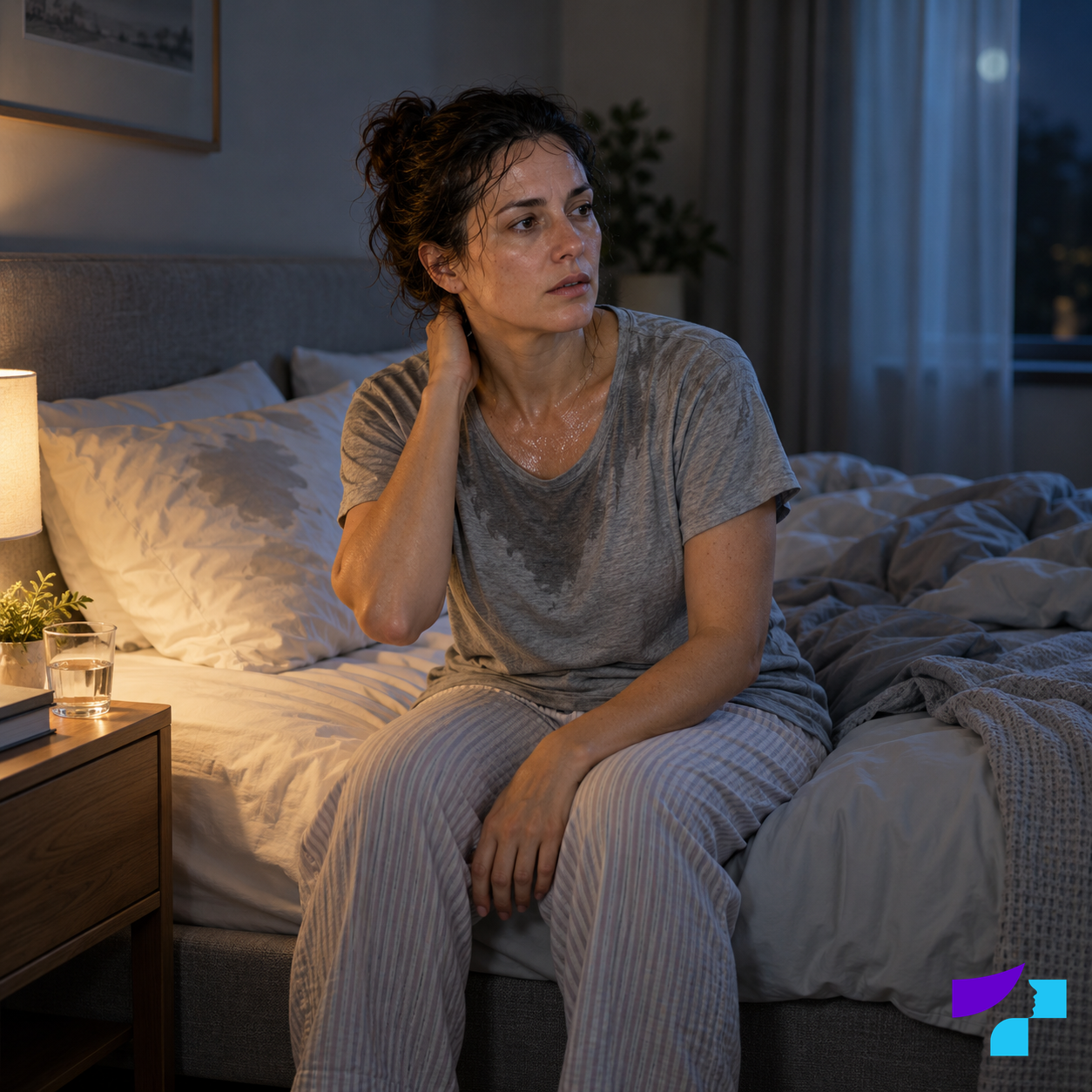 Night sweats Woman waking at night with heavy sweating and soaked nightclothes