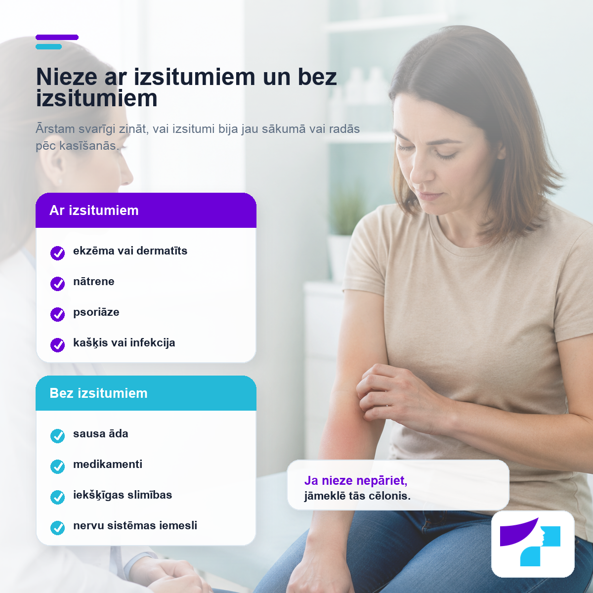 Nieze ar izsitumiem un bez izsitumiem Nieze ar izsitumiem un bez izsitumiem: biežākie iemesli un situācijas, kad jāmeklē niezes cēlonis
