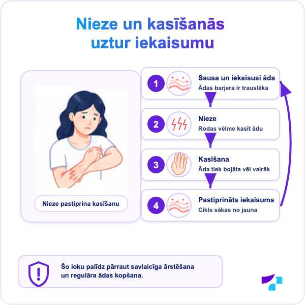 Atopiskā dermatīta niezes un kasīšanās loks: nieze, ādas kasīšana, barjeras bojājums un iekaisuma pastiprināšanās