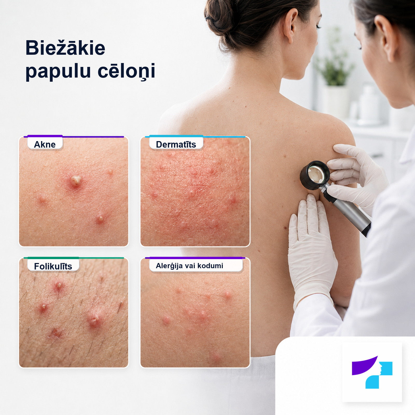 Biežākie papulu cēloņi: akne, dermatīts, folikulīts, alerģija un kukaiņu kodumi