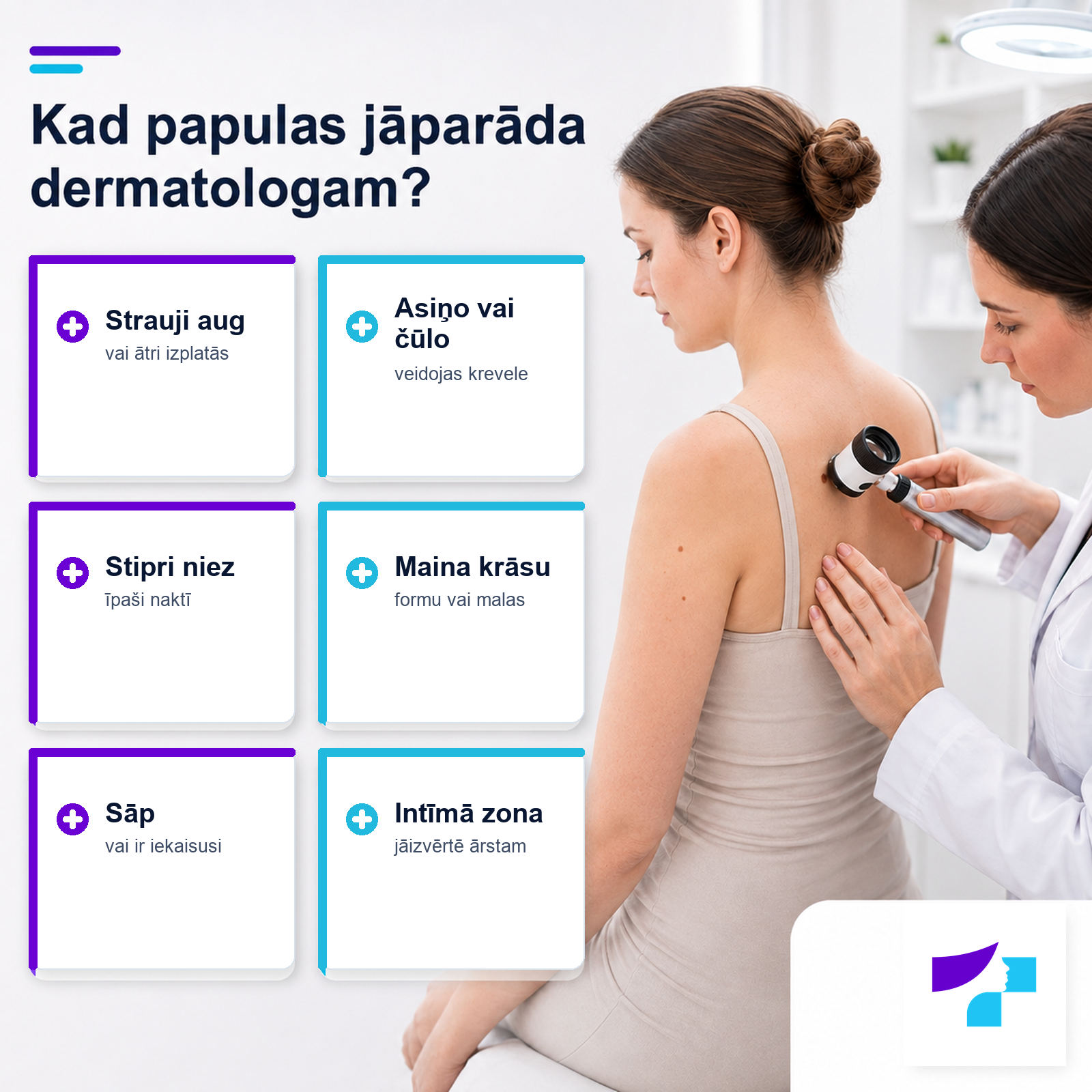 Kad papulas jāparāda dermatologam: strauja augšana, asiņošana, čūlošana, stipra nieze, sāpes, krāsas maiņa vai papulas intīmajā zonā