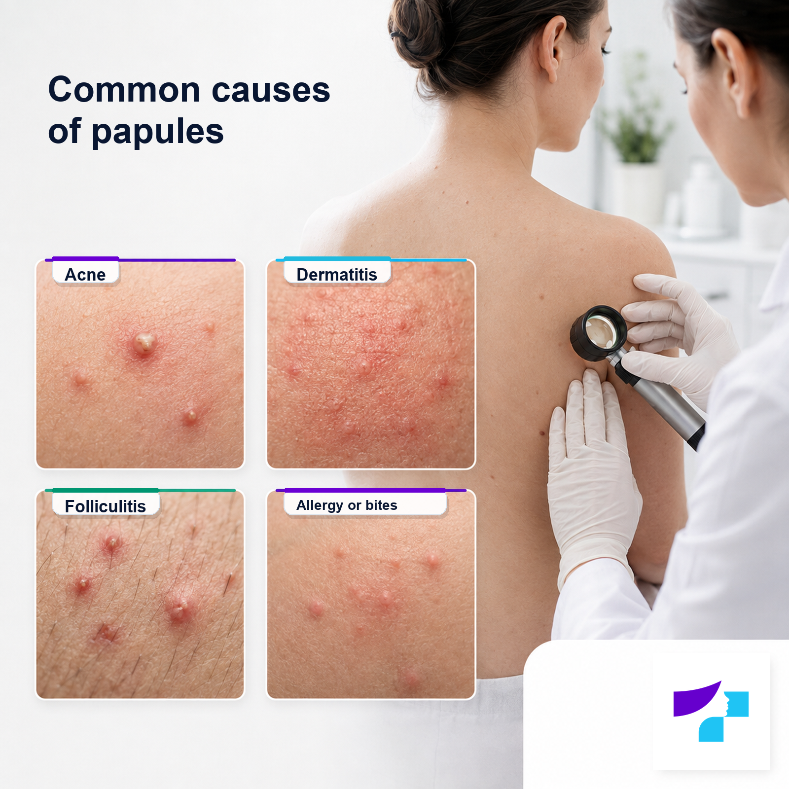 Common causes of papules: acne, dermatitis, folliculitis, allergy and insect bites