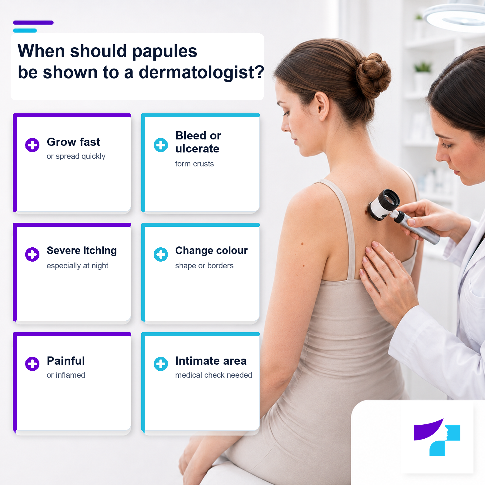 When should papules be shown to a dermatologist: rapid growth, bleeding, ulceration, severe itching, pain, colour change or papules in the intimate area