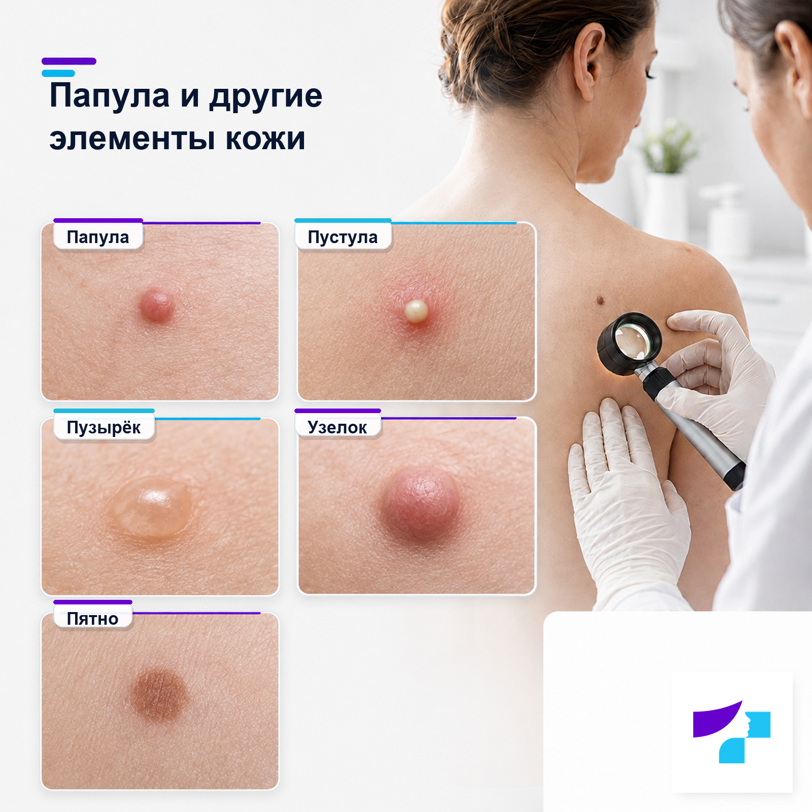 Папула, пустула, пузырёк, узелок и пятно: визуальное сравнение кожных элементов