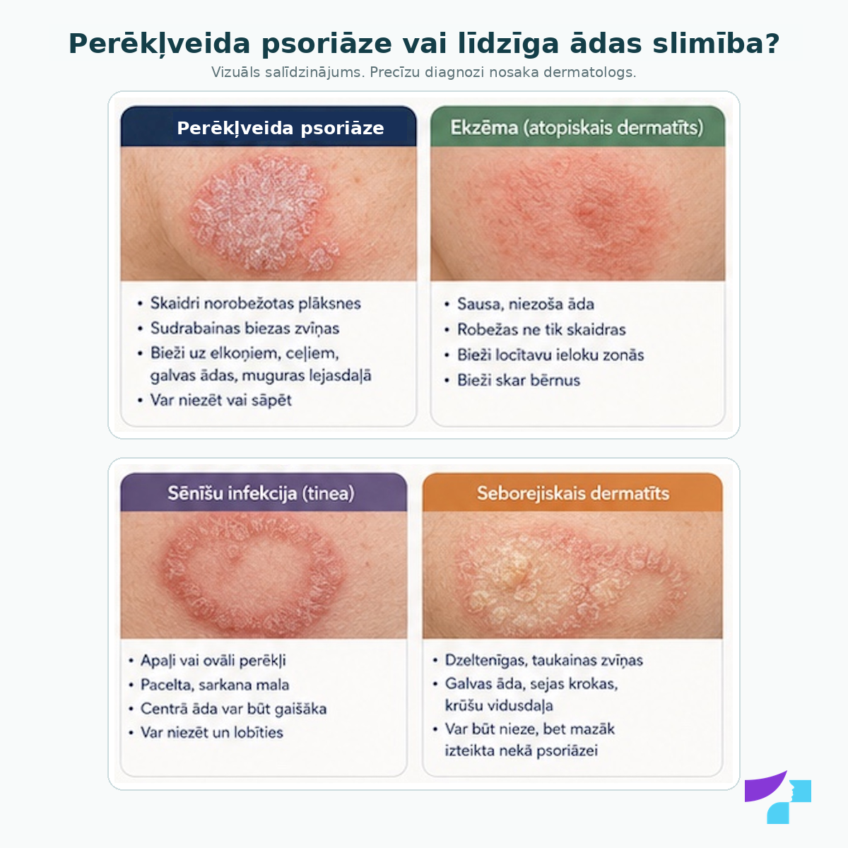 Perēkļveida psoriāze vai līdzīga ādas slimība: salīdzinājums ar ekzēmu, sēnīšu infekciju un seborejisku dermatītu