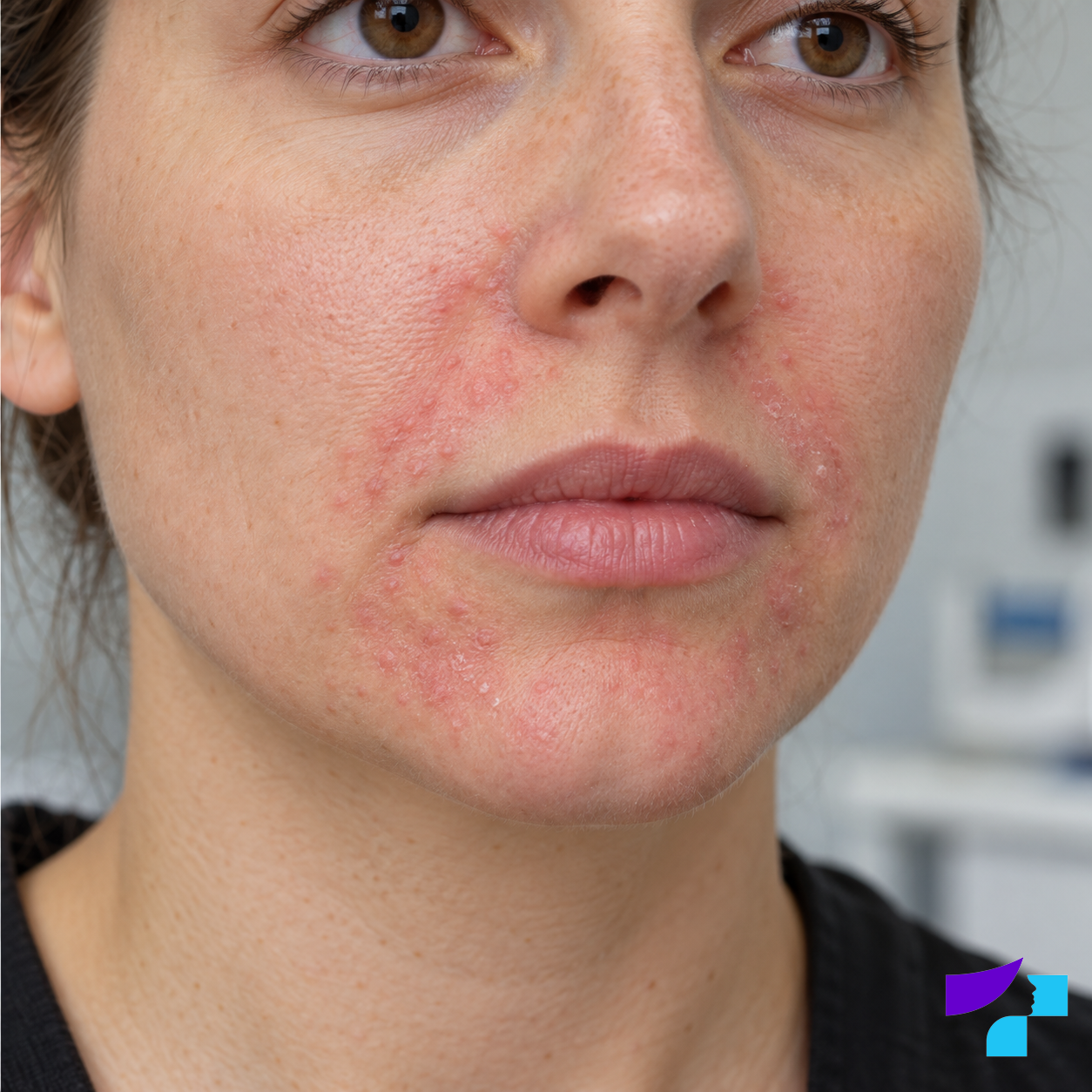 Perioral dermatitis with small red bumps, redness and flaking around the mouth, nose and chin