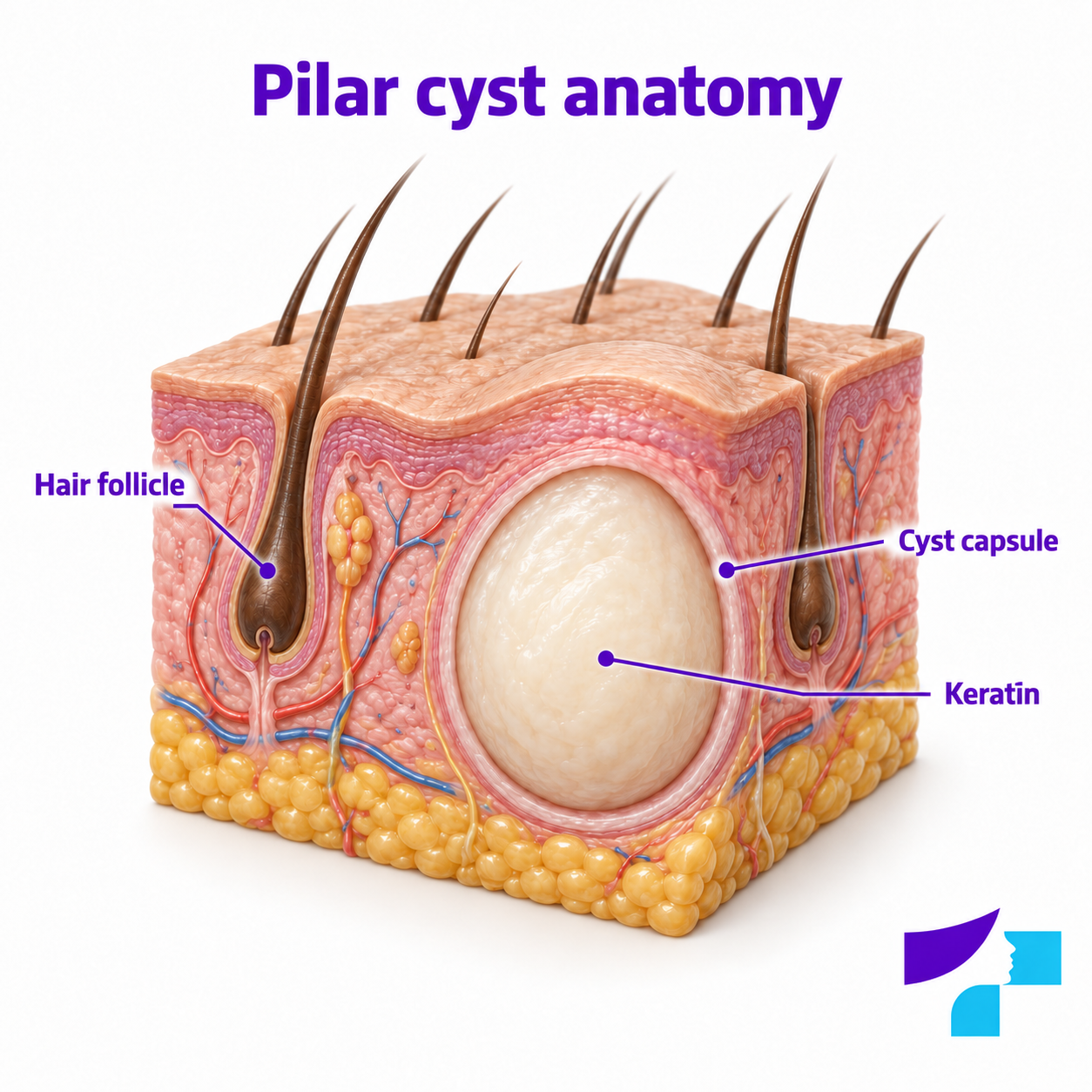 Pilar cyst anatomy Cross-section of a pilar cyst showing the hair follicle, cyst capsule and keratin