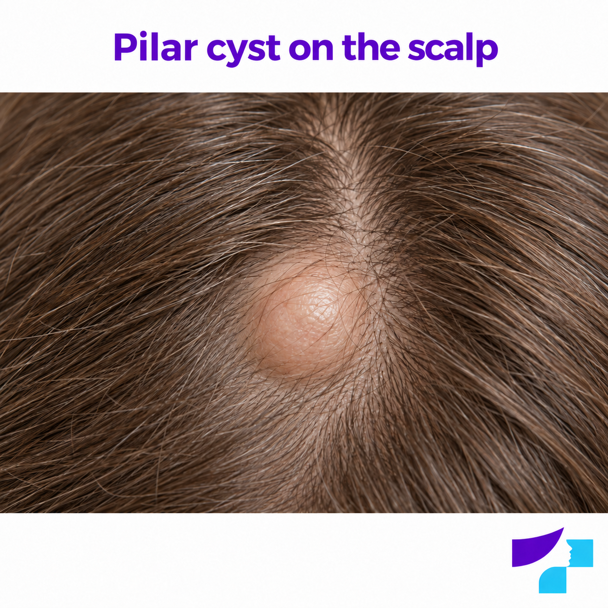 Pilar cyst on the scalp Pilar cyst on the scalp: a smooth, dome-shaped nodule beneath the hair without a visible central opening