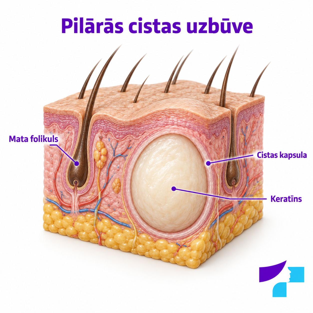 Pilārās cistas uzbūve Pilārās cistas šķērsgriezums: mata folikuls, cistas kapsula un keratīns