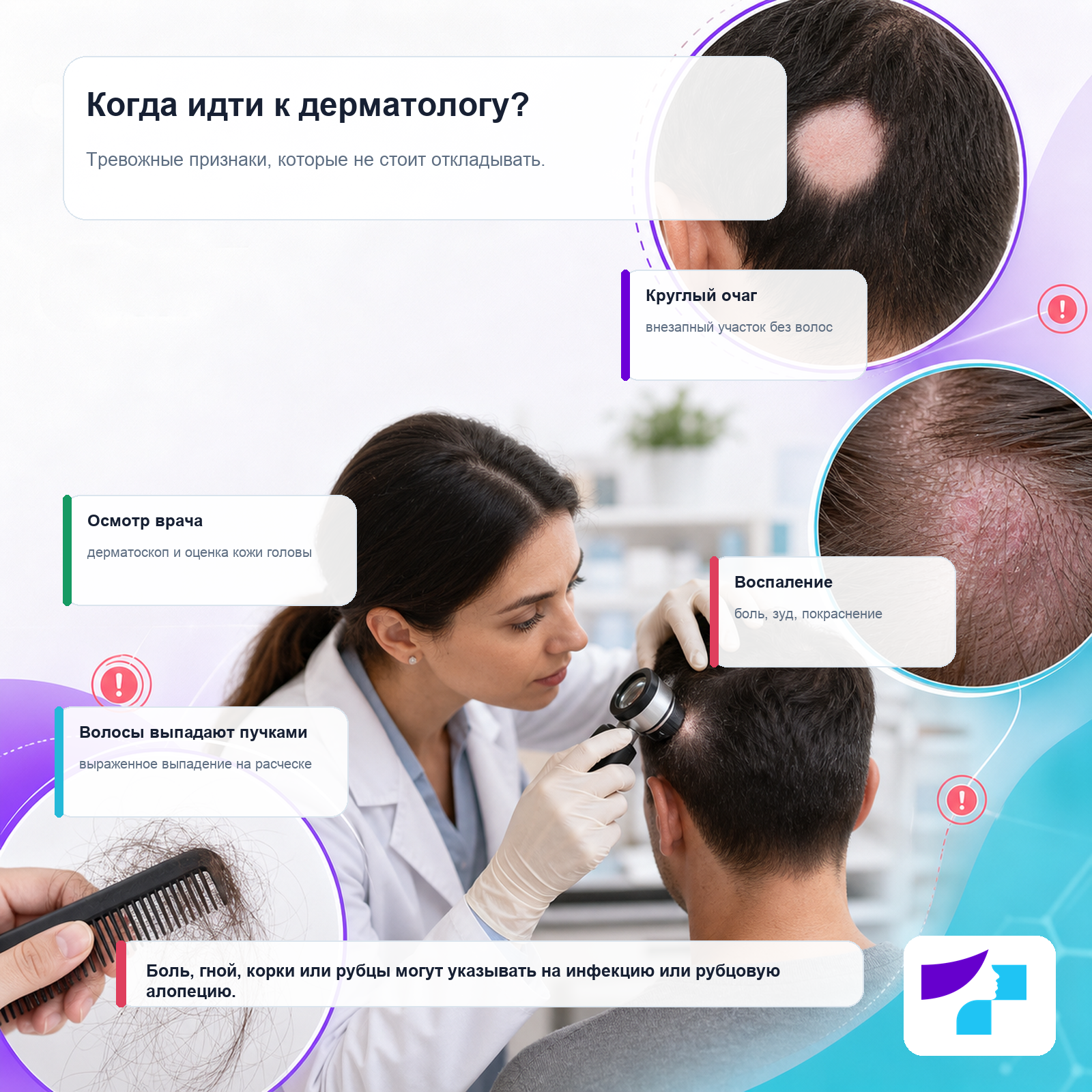 Признаки, когда нужно обратиться к дерматологу Тревожные признаки при алопеции: внезапные участки без волос, воспаление, выпадение волос пучками и осмотр врача