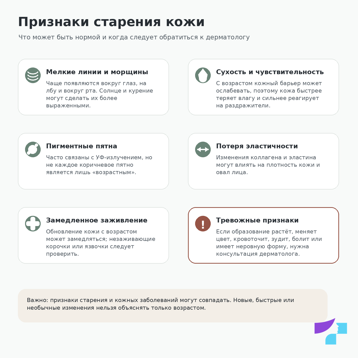 Признаки старения кожи Признаки старения кожи и тревожные симптомы, при которых следует обратиться к дерматологу