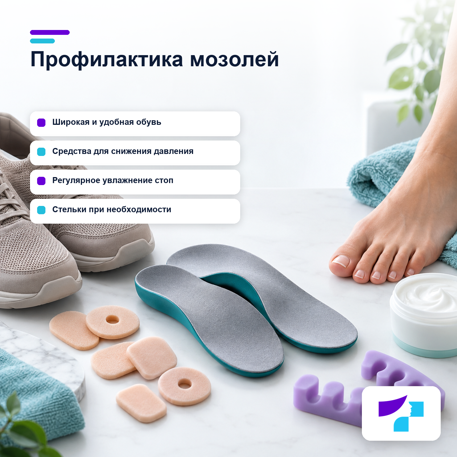 Уход за стопами, подходящая обувь, средства для разгрузки и стельки для профилактики мозолей