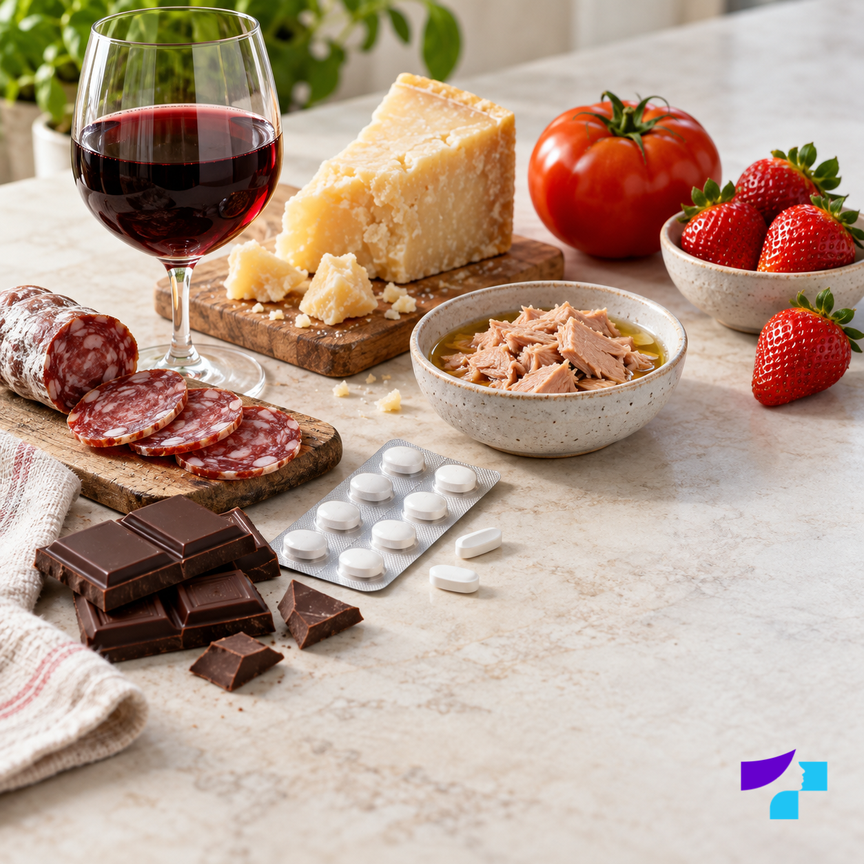 Common triggers of pseudoallergic reactions Red wine, aged cheese, salami, tuna, tomatoes, strawberries, chocolate and pain-relief tablets