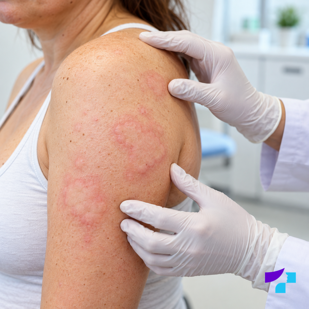 Skin symptoms typical of urticaria Dermatologist examining raised pink urticarial wheals on a patient's upper arm